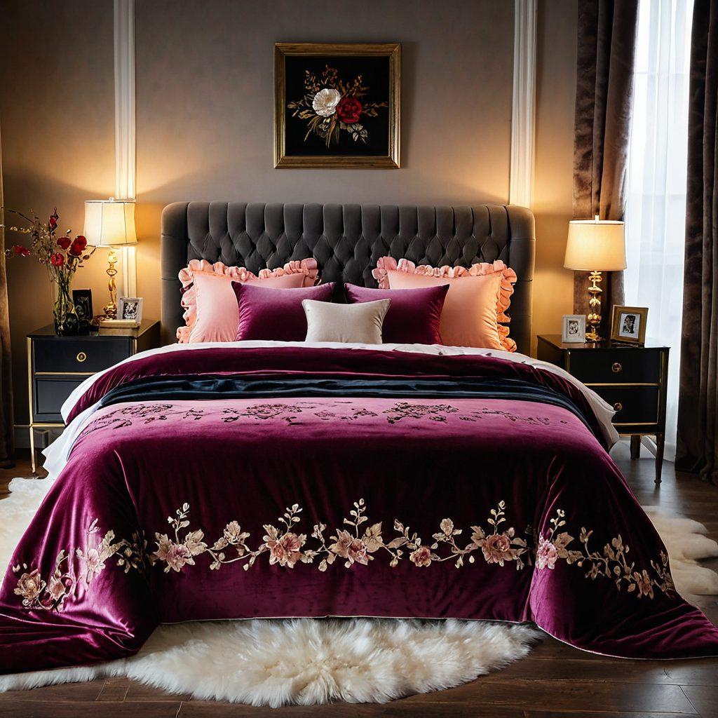 A luxurious bedroom setting showcasing an array of elegant premium toys and sensual accessories, artfully displayed on a plush velvet bedspread. The atmosphere is intimate and inviting, with soft lighting and decorative candles casting gentle shadows. Include vibrant colors and intricate details on the toys, capturing their allure. Add subtle floral elements for a touch of romance. super-realistic. warm tones. soft focus.