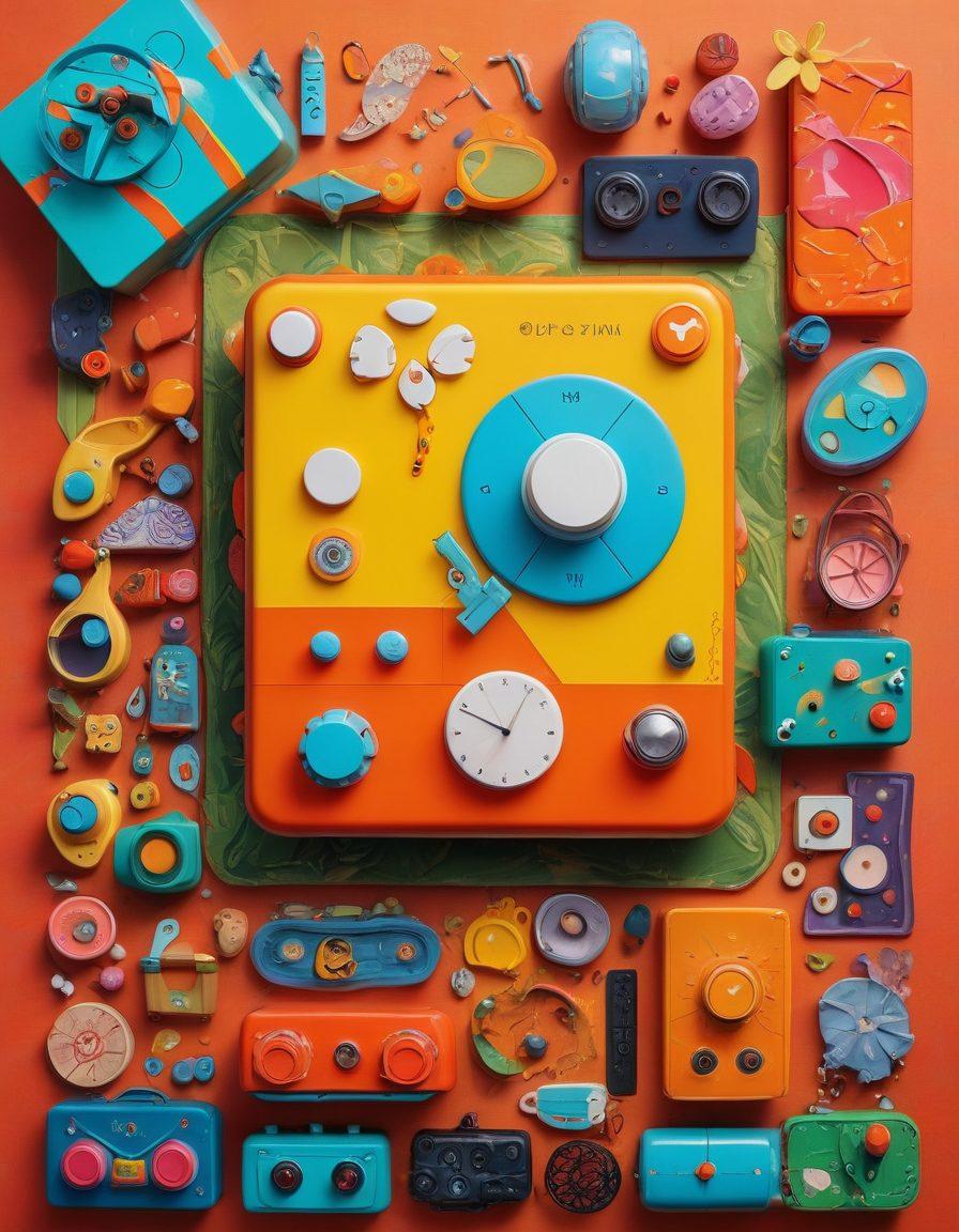 A whimsical collage of adult gadgets, featuring colorful playful toys such as innovative puzzles, quirky fidget devices, and unique board games, all set against a backdrop of vibrant abstract shapes and soft, inviting textures. The scene is lively and animated, radiating joy and fun, with hints of laughter and delight in the atmosphere. The lighting is bright and cheerful, creating an uplifting ambiance. super-realistic. vibrant colors. playful design.